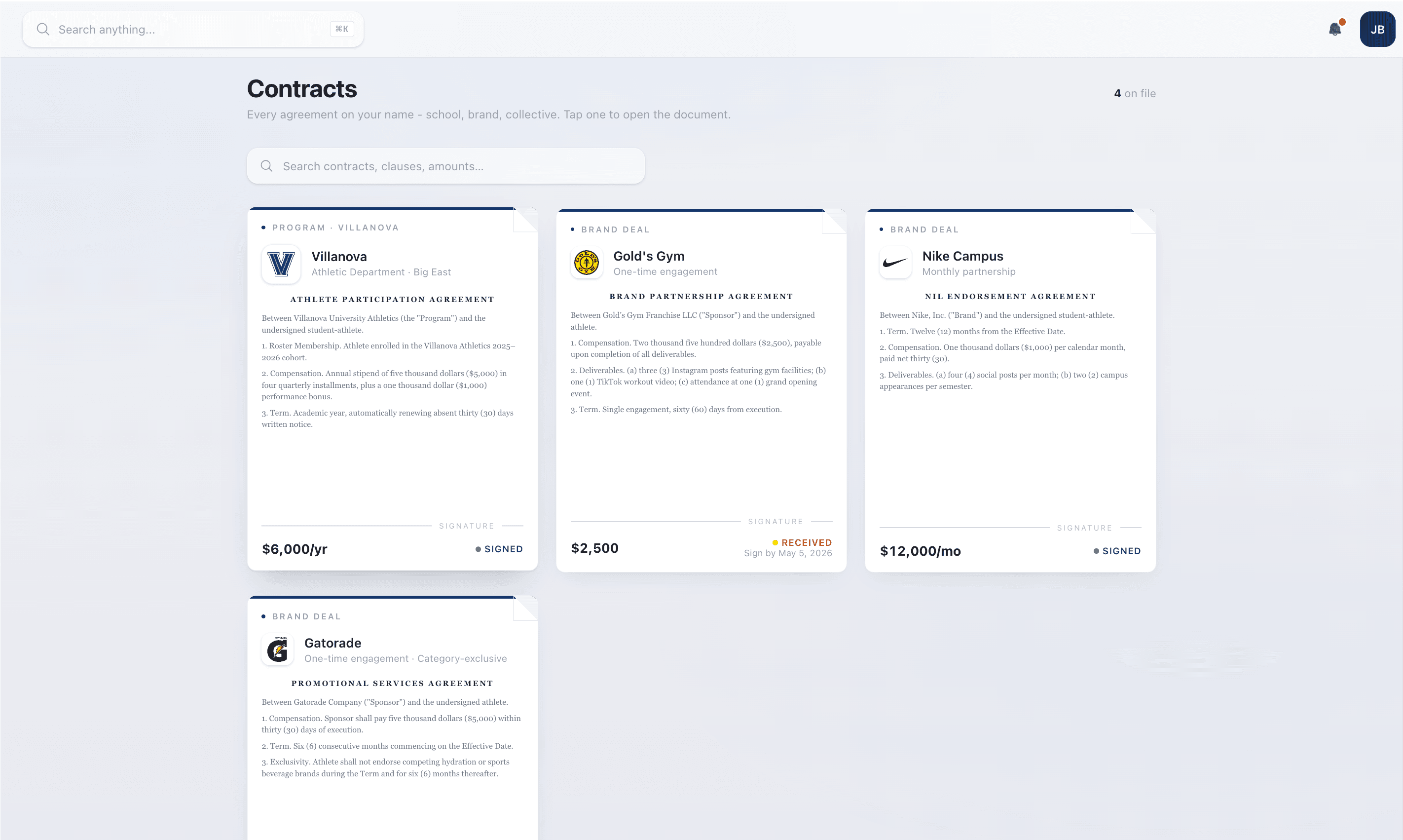 Nexus Contracts view listing NIL agreements with pay and signing status