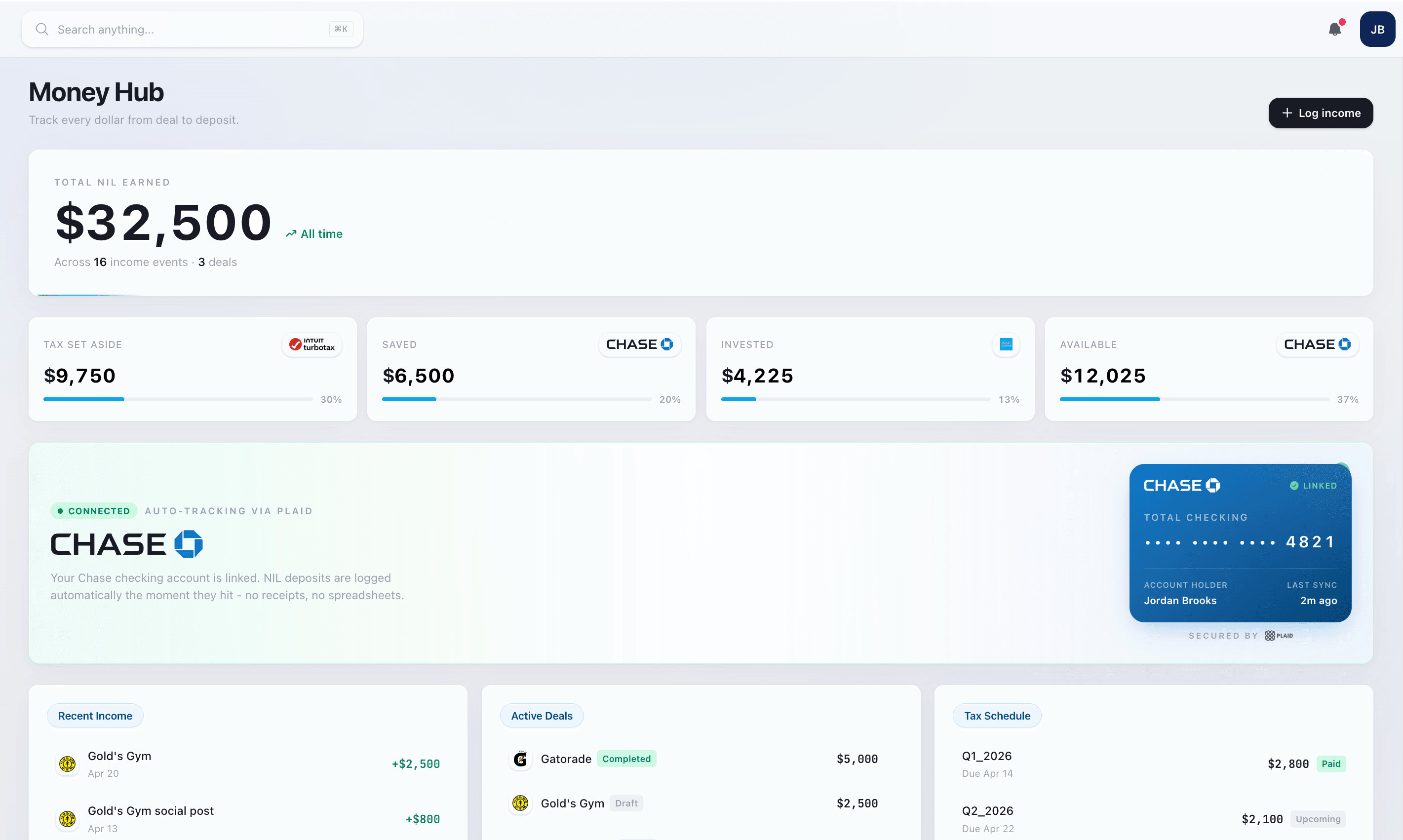Nexus Money Hub showing total NIL earned and linked bank accounts